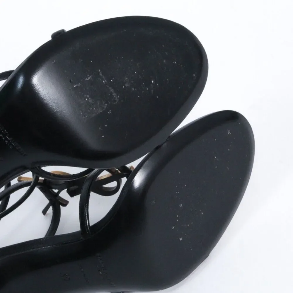 Saint Laurent Cassandra Sandals Black Leather Gold YSL Monogram Logo Heels 39